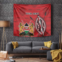 Red Kenya coat of arms tapestry showing lions, shield crest, large circular emblem, and 'YOUR TEXT'.