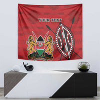 Red Kenya coat of arms tapestry with 'YOUR TEXT' at top and lions over a shield, circular emblem.