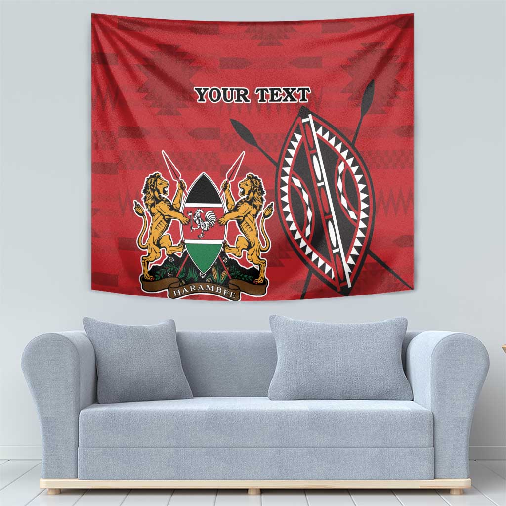 Red Kenya coat of arms tapestry with lions and shield crest, circular emblem on red background.