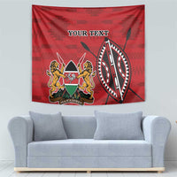 Red Kenya coat of arms tapestry with lions and shield crest, circular emblem on red background.