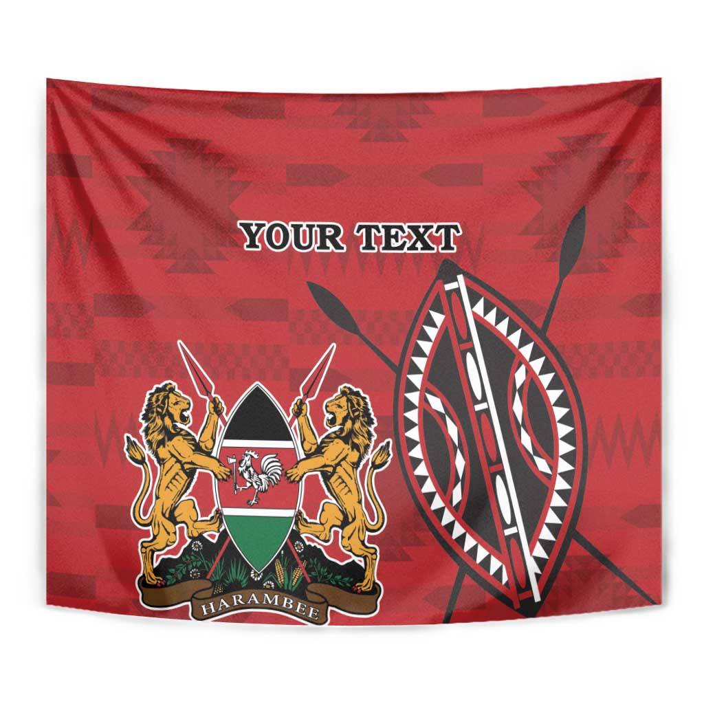 Red Kenya coat of arms tapestry with 'YOUR TEXT' above lions, shield, and circular emblem.