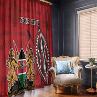 Red personalized window curtain pair with Kenya coat of arms and 'YOUR TEXT'.