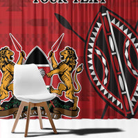 Red curtain panel close-up with Kenya coat of arms and 'YOUR TEXT'.