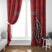 Red hanging curtains with Kenya coat of arms and 'YOUR TEXT' over window.