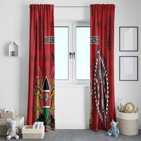 Red window curtains with Kenya coat of arms and 'YOUR TEXT' on two panels.