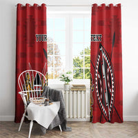 Red curtains with 'YOUR TEXT' and large shield emblem beside window.
