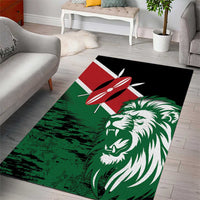 Green flag style area rug featuring lion head and spear motif, red accents on black