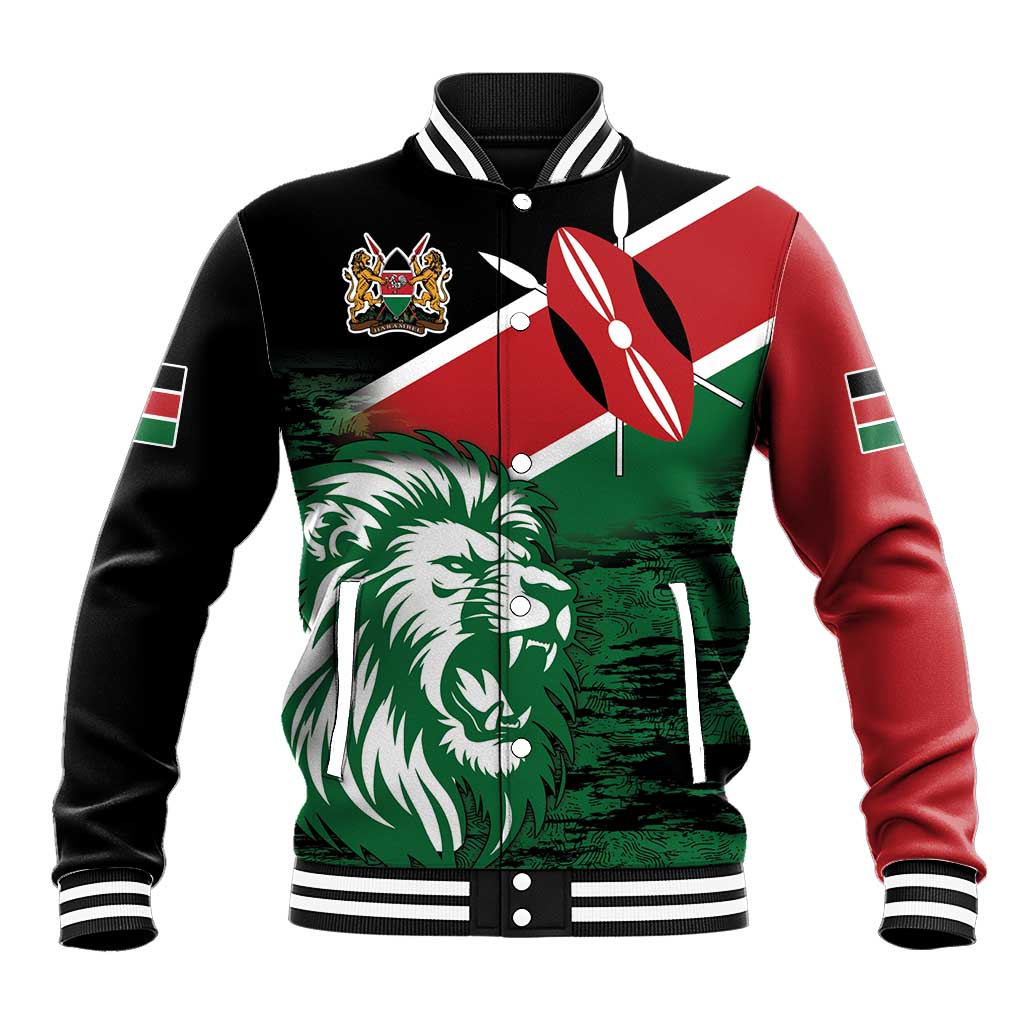 Unisex baseball jacket with lion head graphic, Kenya flag colors, snap-button front.