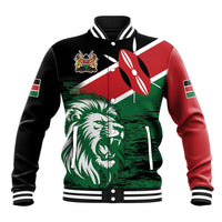 Unisex baseball jacket with lion head graphic, Kenya flag colors, snap-button front.