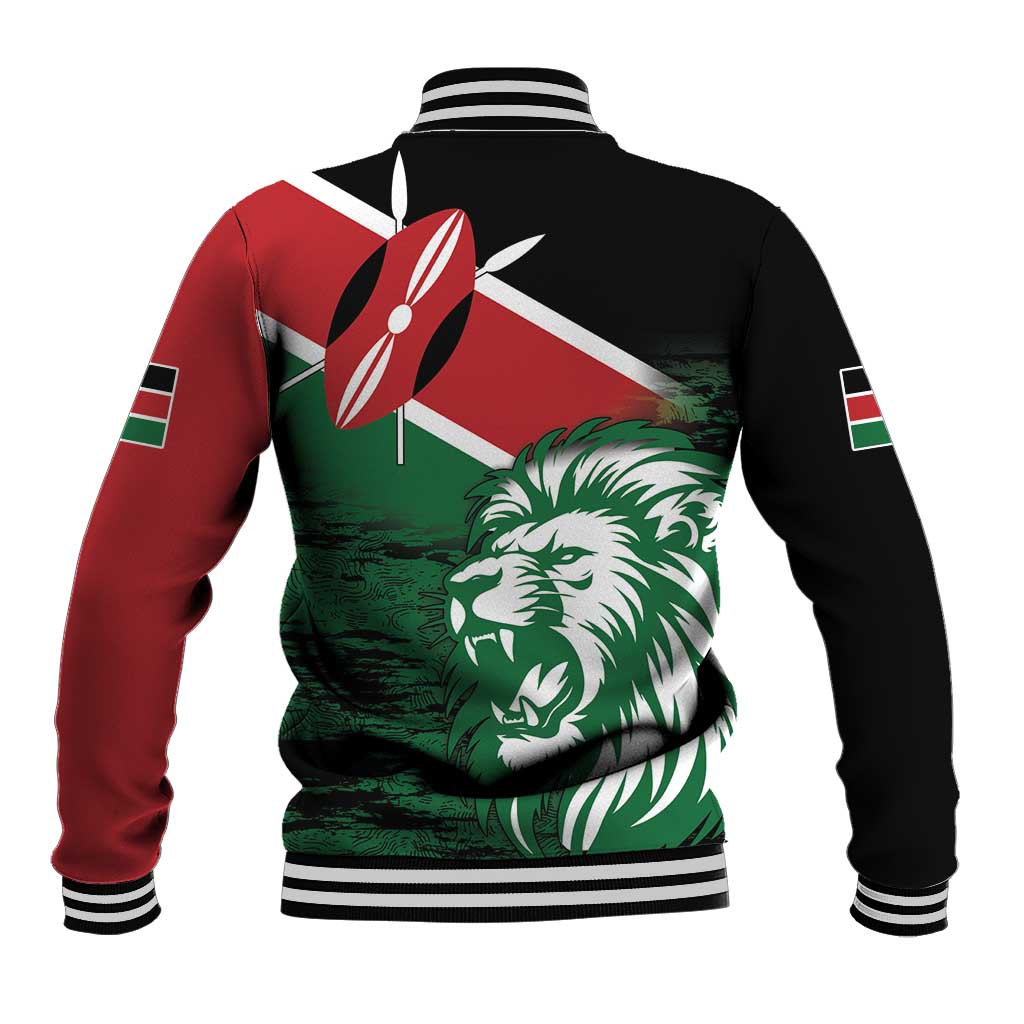 Unisex baseball jacket back with lion emblem, Kenya flag paneling, ribbed collar and cuffs.