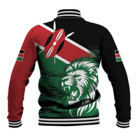 Unisex baseball jacket back with lion emblem, Kenya flag paneling, ribbed collar and cuffs.
