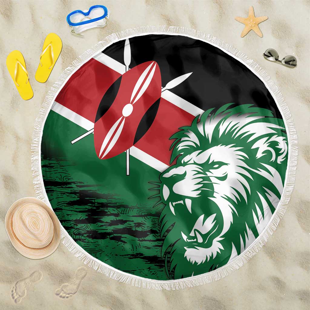 Round Kenya flag beach blanket with lion head graphic, green and red, white fringe