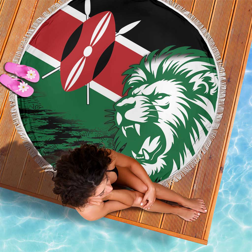 Round Kenya flag beach blanket with lion head graphic, white fringe edge, flat view