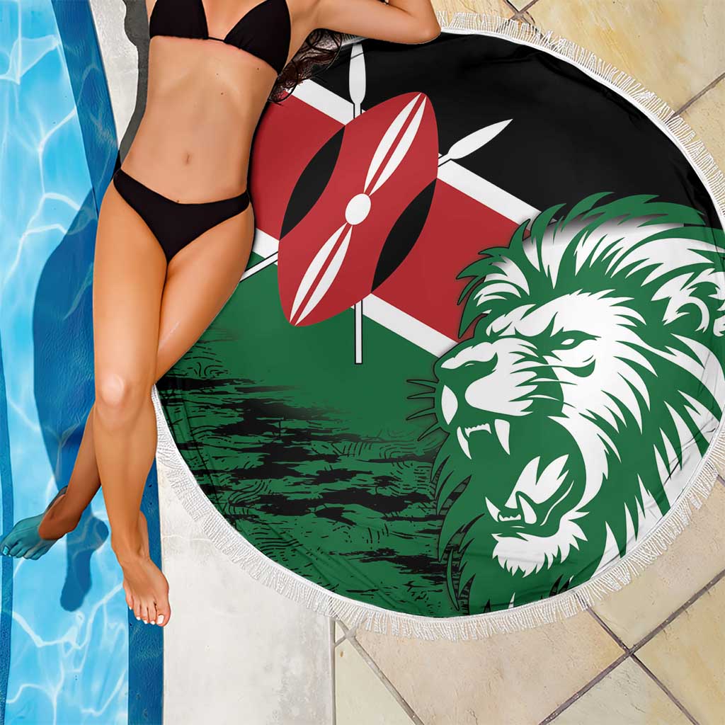 Round Kenya flag beach blanket with lion head graphic, white fringe, draped over person