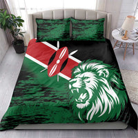 Green lion head duvet with flag emblem, shown with two pillowcases