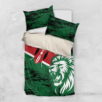 Green bedding set featuring lion head and flag design, with two pillow shams