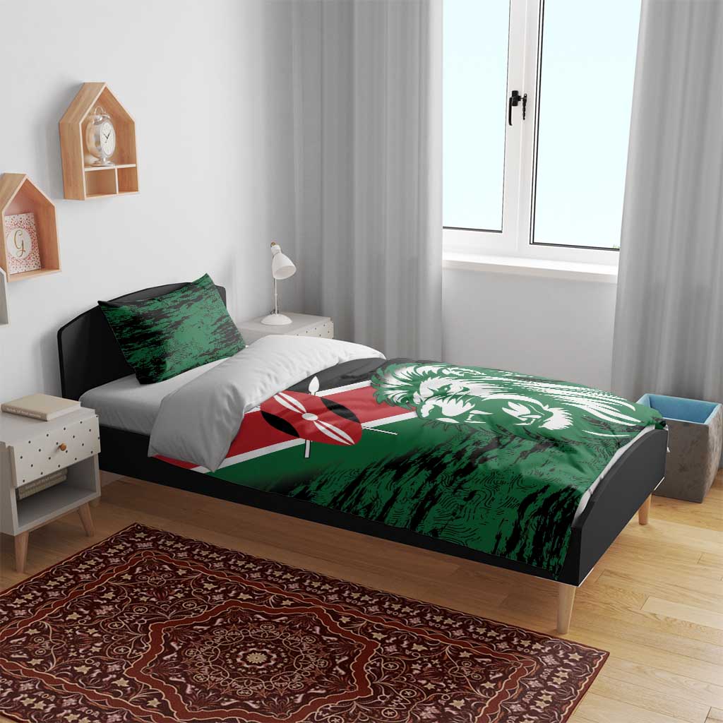 Green flag-style bedding set with lion head print on duvet and matching pillow shams
