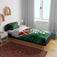 Green flag-style bedding set with lion head print on duvet and matching pillow shams