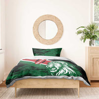Green lion head bedding set with flag pattern on duvet cover and two pillowcases