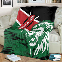 Green lion head blanket with black, red, and white flag-style graphics