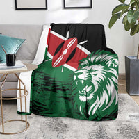 Green lion head throw blanket with red-and-white flag emblem and black background