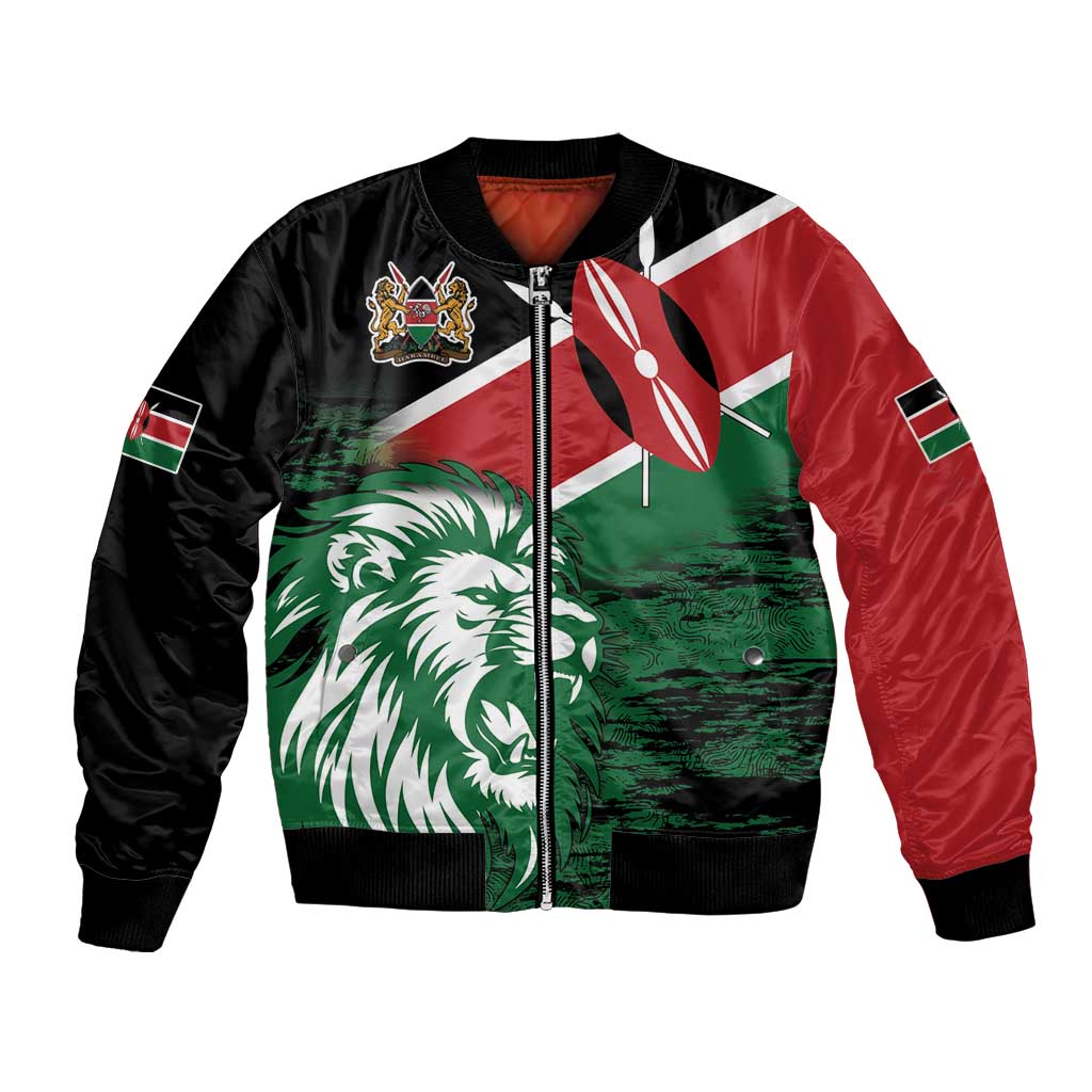 Unisex bomber jacket with Kenya flag panels, green lion graphic, ribbed cuffs and hem