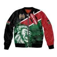 Unisex bomber jacket with Kenya flag panels, green lion graphic, ribbed cuffs and hem