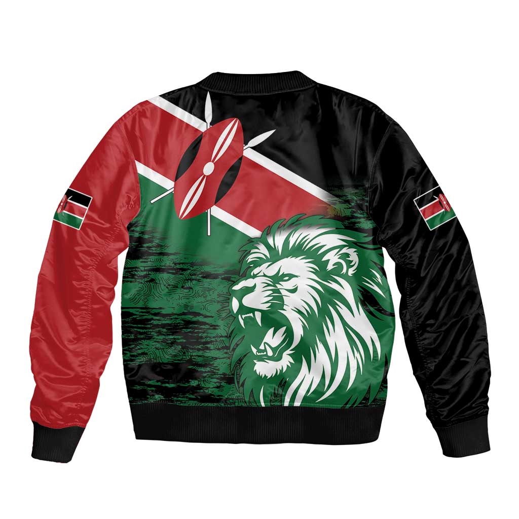 Unisex bomber jacket with Kenya flag panels and large green lion face graphic, ribbed collar