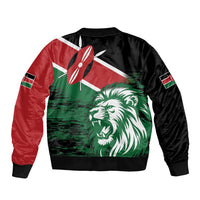 Unisex bomber jacket with Kenya flag panels and large green lion face graphic, ribbed collar