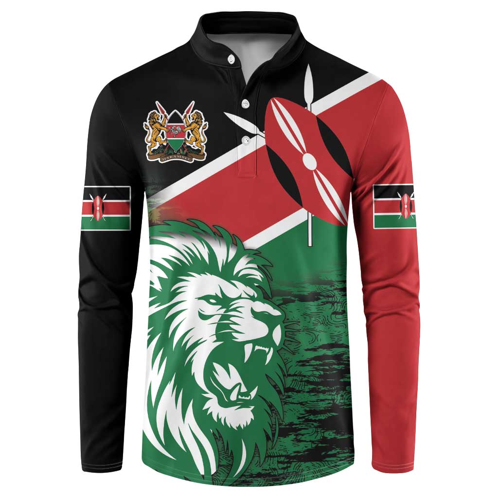 Long-sleeve button-front sweatshirt with Kenya lion flag graphic, black red green
