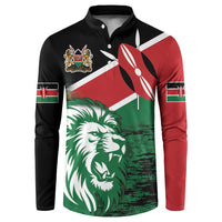 Long-sleeve button-front sweatshirt with Kenya lion flag graphic, black red green