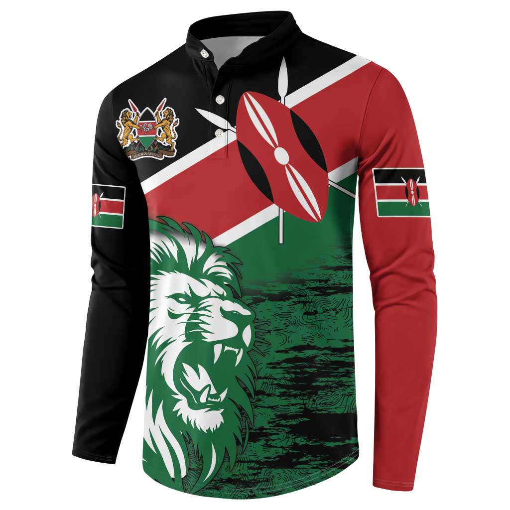 Long-sleeve button-front sweatshirt, side view with Kenya lion flag graphic on black
