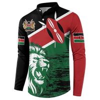 Long-sleeve button-front sweatshirt, side view with Kenya lion flag graphic on black
