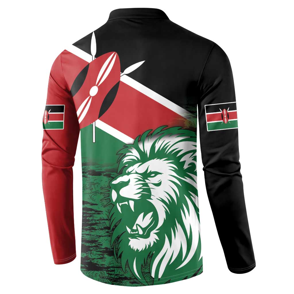 Long-sleeve button-front sweatshirt back with Kenya lion flag graphic, black red green