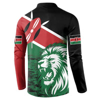 Long-sleeve button-front sweatshirt back with Kenya lion flag graphic, black red green