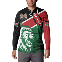 Long-sleeve button-front sweatshirt with Kenya lion flag graphic, black red and green