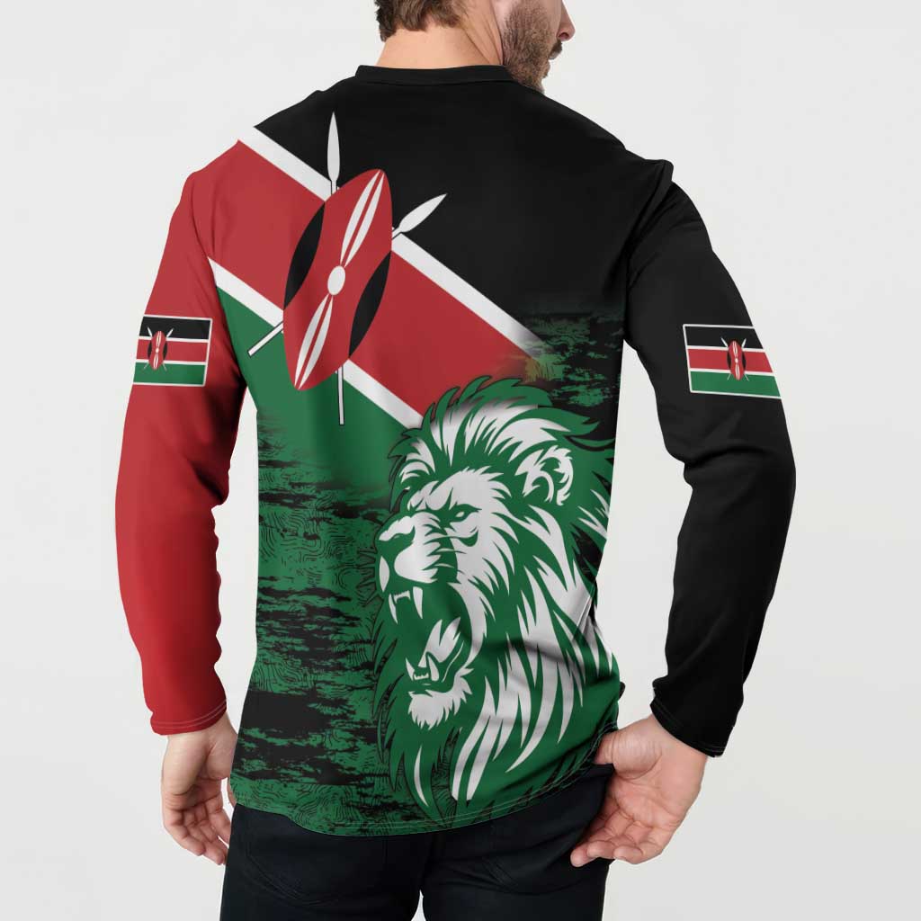 Long-sleeve button-front sweatshirt back view with Kenya lion flag graphic, black red green