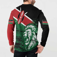 Long-sleeve button-front sweatshirt back view with Kenya lion flag graphic, black red green