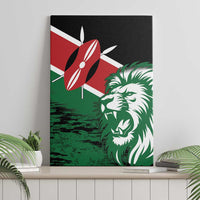 Green lion head canvas wall art with red emblem and black top border
