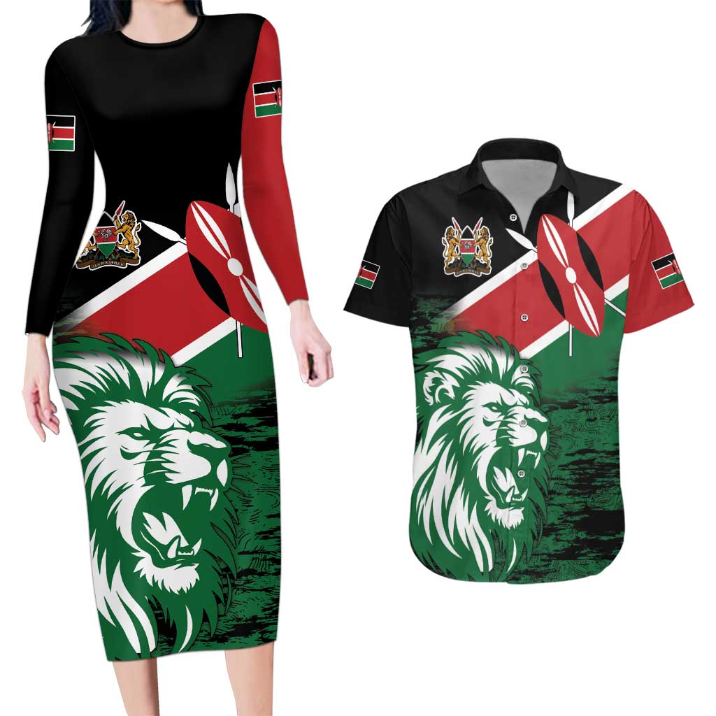 Kenya Lion Head Couples Matching Long Sleeve Bodycon Dress and Hawaiian Shirt Flag Style