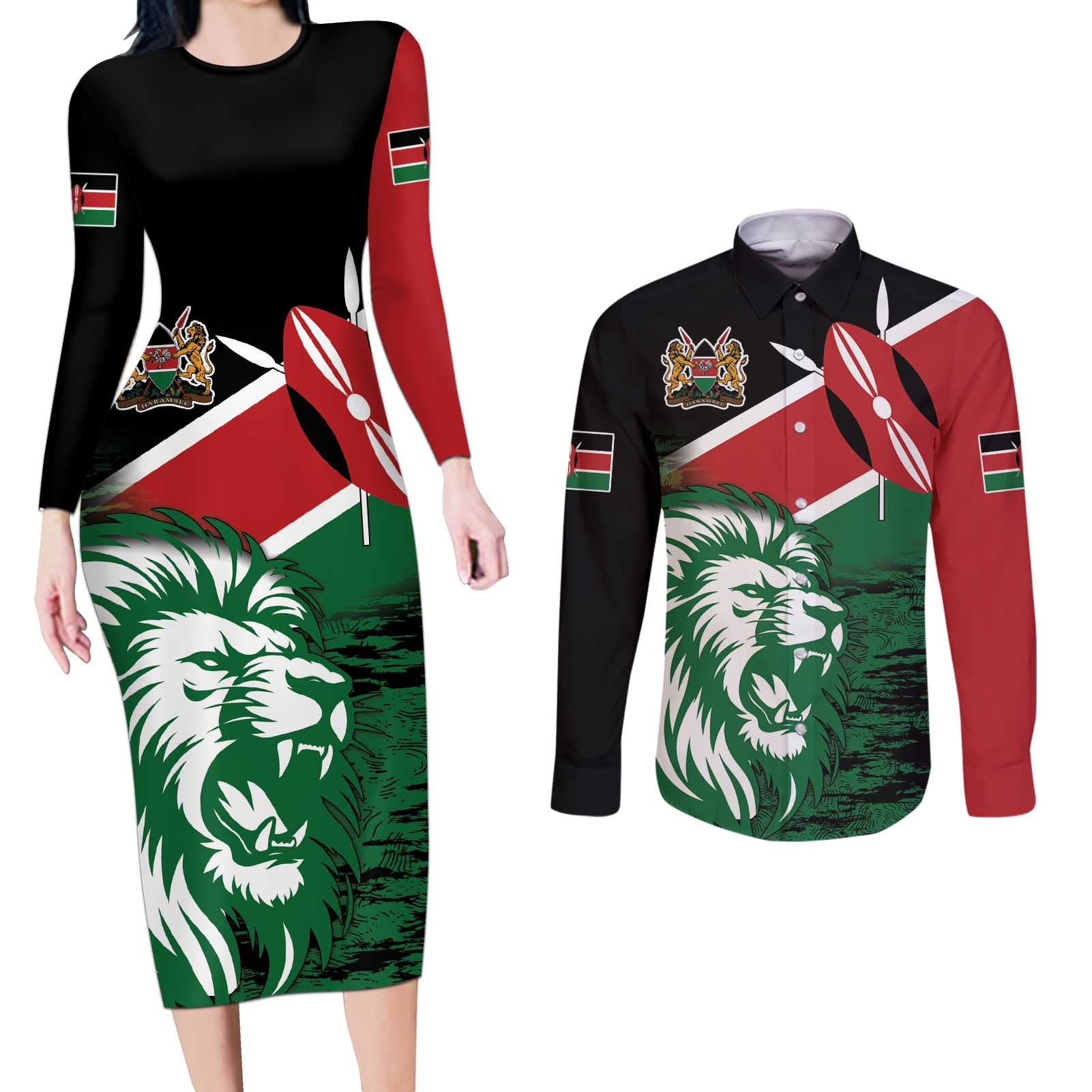 Kenya Lion Head Couples Matching Long Sleeve Bodycon Dress and Long Sleeve Button Shirt Flag Style