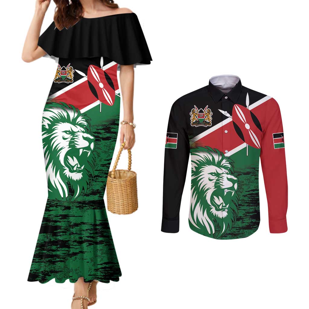 Kenya Lion Head Couples Matching Mermaid Dress and Long Sleeve Button Shirt Flag Style