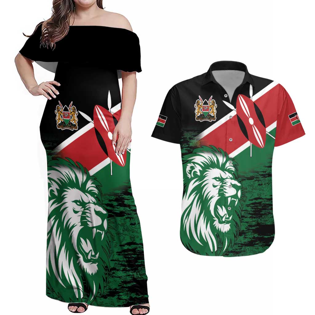 Kenya Lion Head Couples Matching Off Shoulder Maxi Dress and Hawaiian Shirt Flag Style