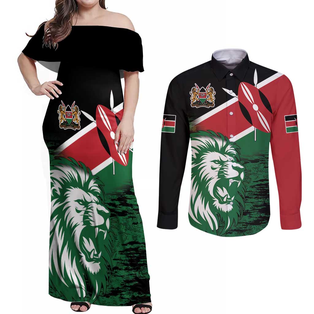 Kenya Lion Head Couples Matching Off Shoulder Maxi Dress and Long Sleeve Button Shirt Flag Style