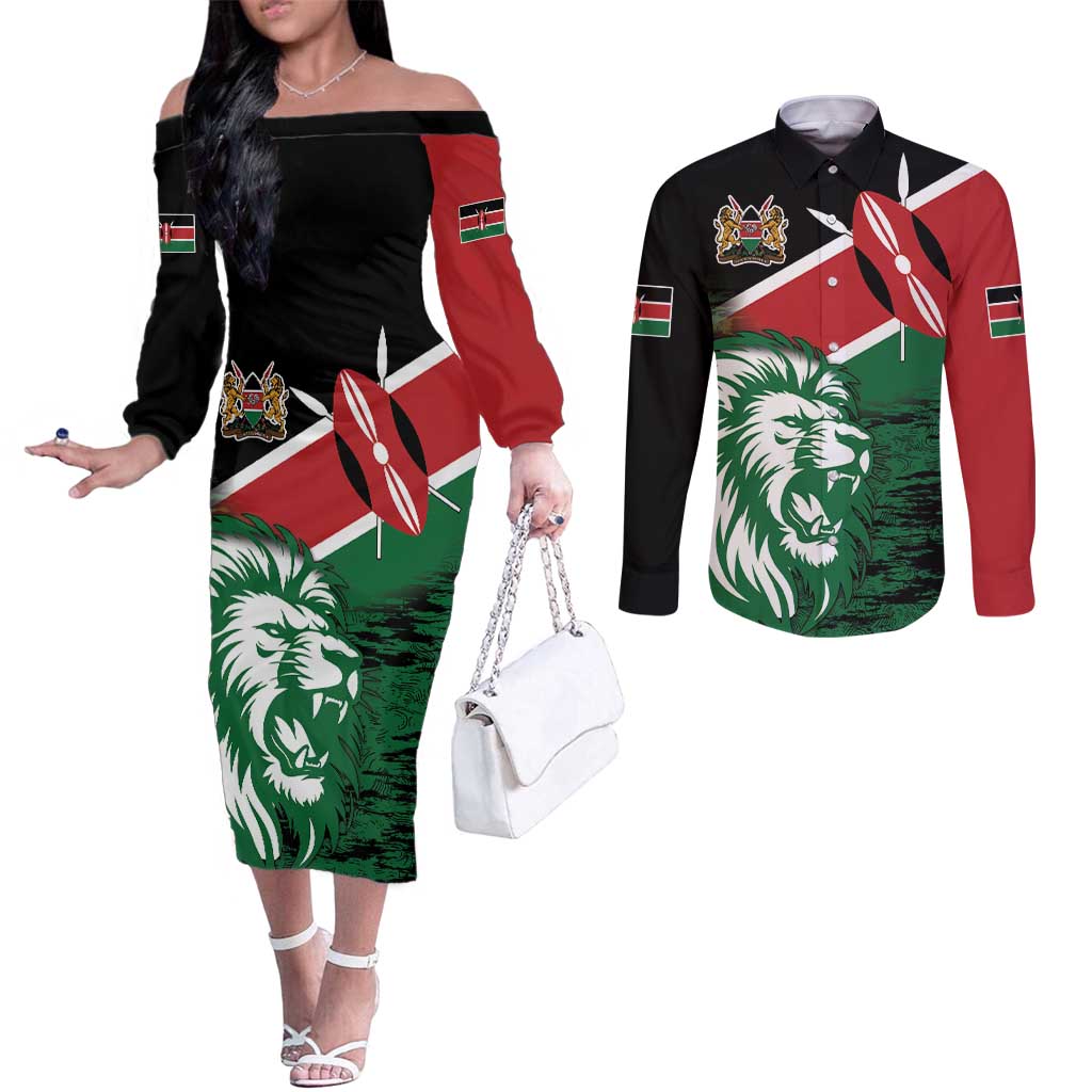 Kenya Lion Head Couples Matching Off The Shoulder Long Sleeve Dress and Long Sleeve Button Shirt Flag Style