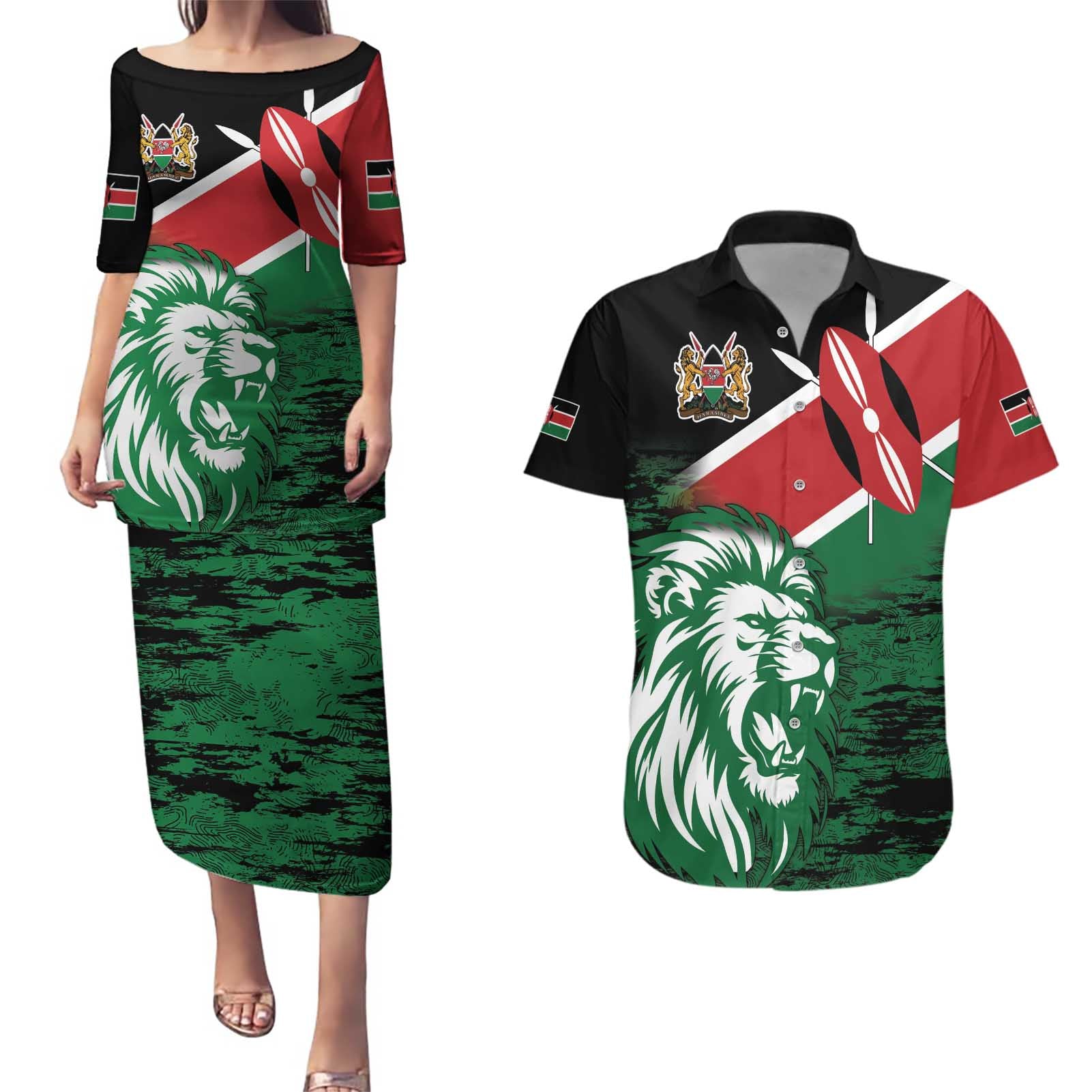 Kenya Lion Head Couples Matching Puletasi and Hawaiian Shirt Flag Style