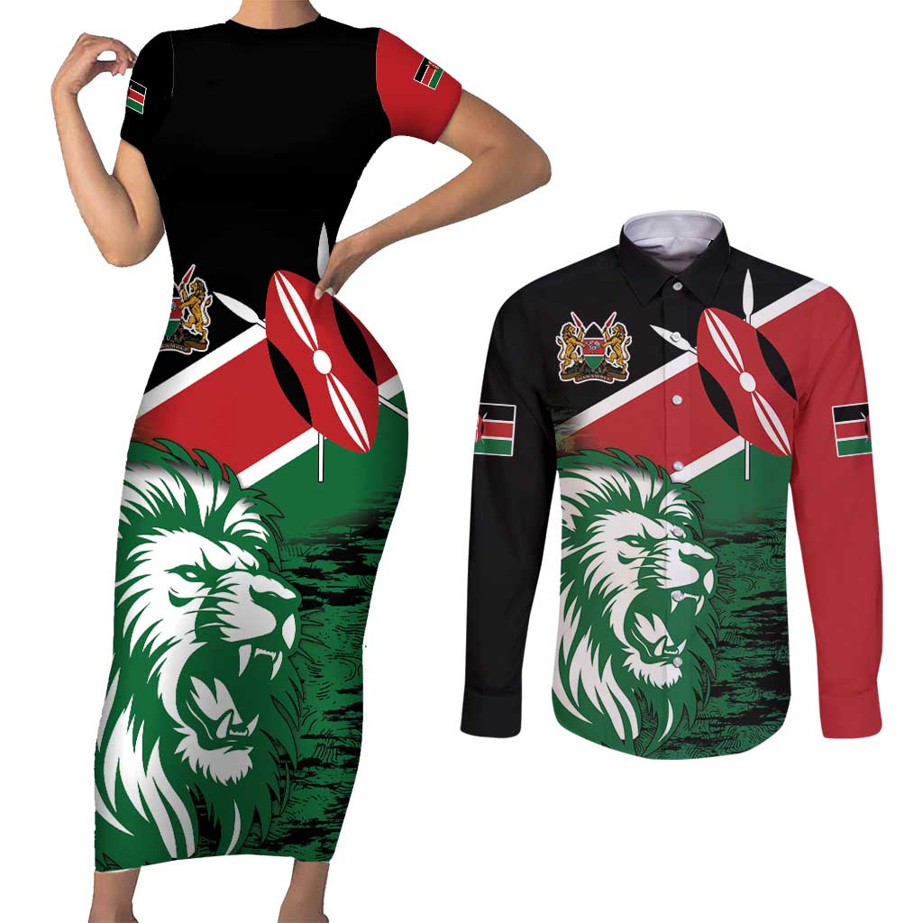 Kenya Lion Head Couples Matching Short Sleeve Bodycon Dress and Long Sleeve Button Shirt Flag Style