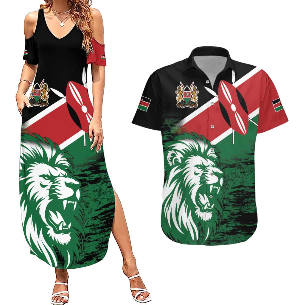 Kenya Lion Head Couples Matching Summer Maxi Dress and Hawaiian Shirt Flag Style