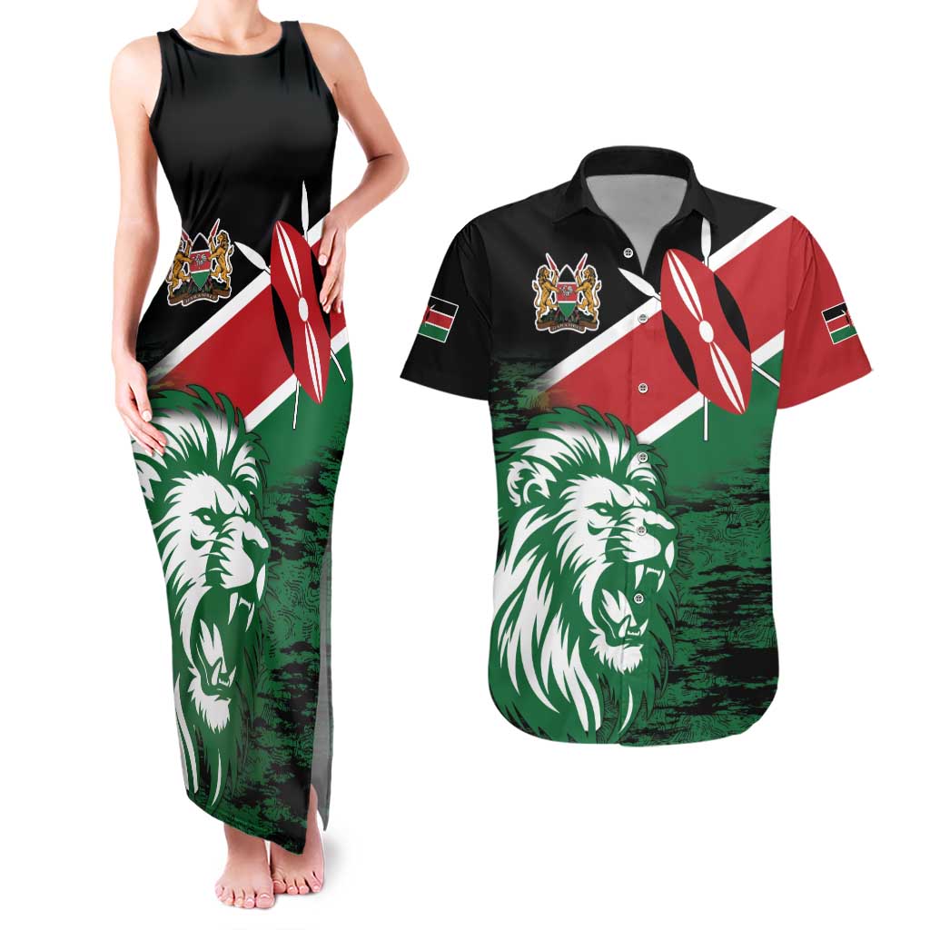 Kenya Lion Head Couples Matching Tank Maxi Dress and Hawaiian Shirt Flag Style