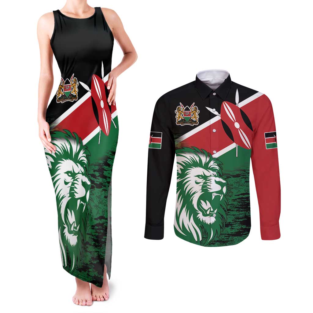 Kenya Lion Head Couples Matching Tank Maxi Dress and Long Sleeve Button Shirt Flag Style